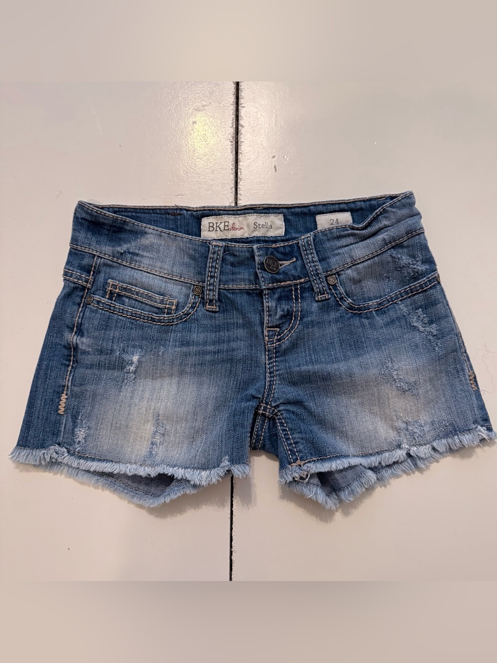 BKE Stella Frayed & Distressed Blue Denim Jean Shorts